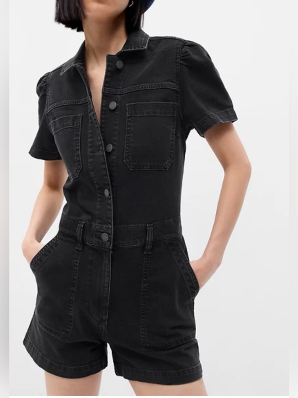 Gap Women's Short Sleeve Denim Shorts Romper Black Wash 12 Tall Utility